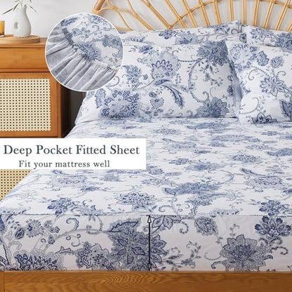 FADFAY Full Sheets Set Percale Cotton Floral Bed Sheets Deep Pocket Fitted Sheet, Luxury Blue Floral Pattern Classic European Style Bedding for All Season, Super Soft Crisp & Breathe,4Pcs