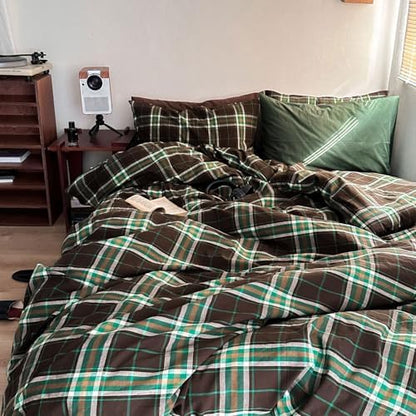 LifeTB Brown Green Plaid Comforter Set Full Size, 3 Pieces Vintage Checkered Pattern Comforter Buffalo Plaid Gingham Comforter Set with 2 Pillowcases, Soft Farmhouse Grid Bedding Set for All Seasons