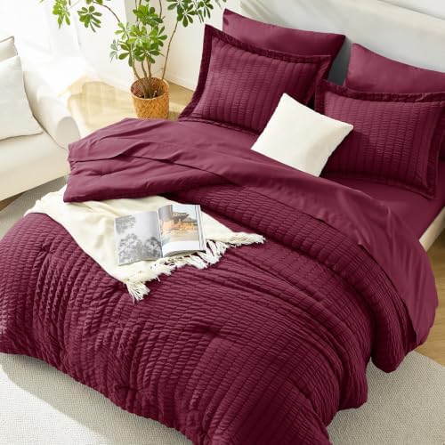HIMEET Full Comforter Sets, 7-Piece Seersucker Bed in a Bag, Burgundy