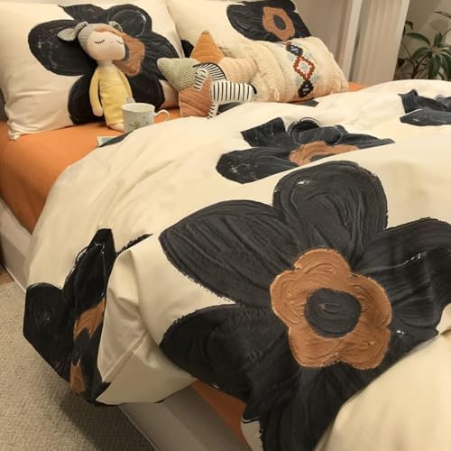 Wellboo Black Floral Comforter Sets Twin Women Girls White and Black Botanical Bedding Sets Cotton Beige Black Sunflower Quilts Teens 3D Large Flower Quilts Watercolor Boho Garden Bohemian Bedding