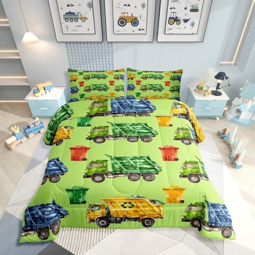 Erosebridal Boys Garbage Trucks King Comforter Set, Trash Truck Bedding Set, Cartoon Car Comforter for Teens Men Kids Room Decor, Colourful Trash Cans Green Quilt with 2 Pillowcases, 3 Piece