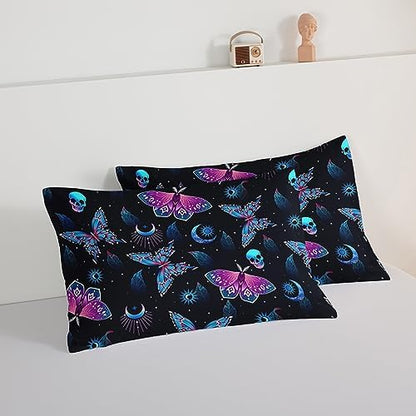 HOSIMA Halloween Twin Comforter Skull Butterfly Bed Set,Goth Bedding Set Black Comforter Twin Bed in a Bag Sets for Adults Boys Girls Halloween Room Decor Dark Academia Bedding.