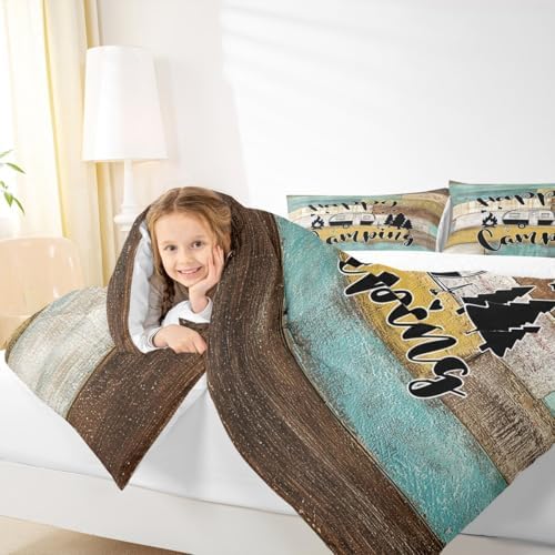Happy Camping Car Comforter Set King Size,RV Camper Trailer Decor Bedding Set 3pcs for Kids Boys Girls Adults,Vintage Wooden Plank Cabin Down Comforter,Rustic Farmhouse Duvet Insert,2 Pillowcases