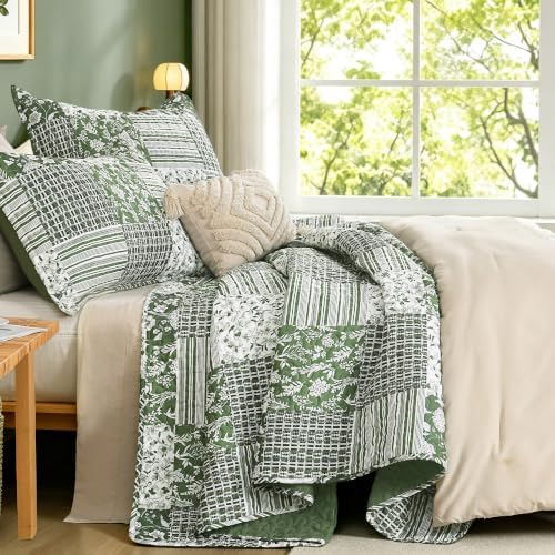 Litanika Floral Sage Quilt Queen - 3Pcs Botanical Birds Bedding Set