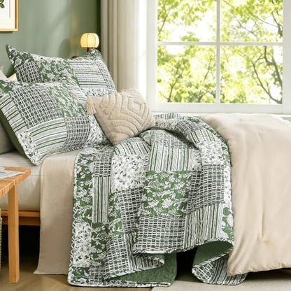 Litanika Floral Sage Quilt King - 3Pcs Botanical Birds Bedding Set