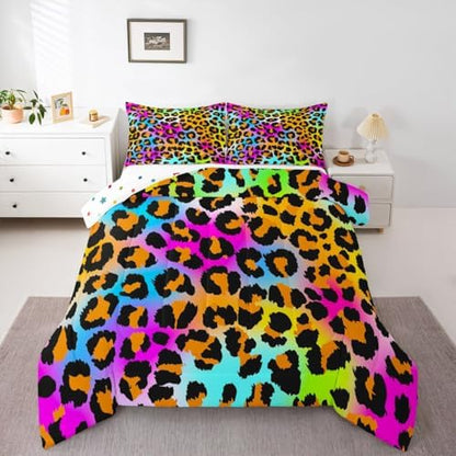 Leopard Print Comforter Set for Girls Kids Women Neon Rainbow Leopard Fur Bedding Set Mottled Exotic Panthera Skin Comforter Room Decor Colorful Camouflage Safari Theme Duvet Set King Size Quilt Set