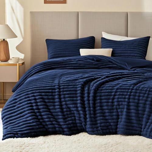 EXQ Home Fluffy Comforter Set King Size,3 Pieces Bed Set,Navy Blue