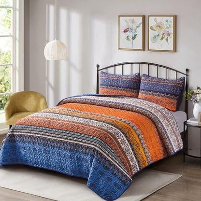 WONGS BEDDING Boho Twin Quilt Set, 2 Pieces Bedspread Bedding, Blue Orange