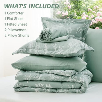 MUXHOMO Oversized Queen Comforter Set, Sage Green Elegant Floral Print Bed in a Bag 7 Pieces, Soft & Breathable Reversible Botanical Pattern Bedding Set with Comforter, Sheets, Pillowcases, and Shams