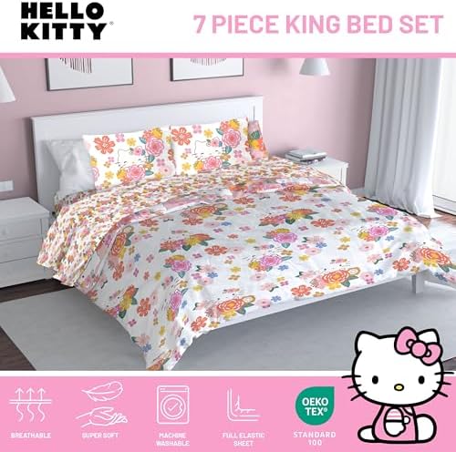 Sanrio Hello Kitty King Comforter Set 7 Piece Floral Bedding, Multi