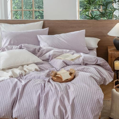 MooMee Striped Duvet Cover Set 100% Washed Cotton Linen Like Queen
