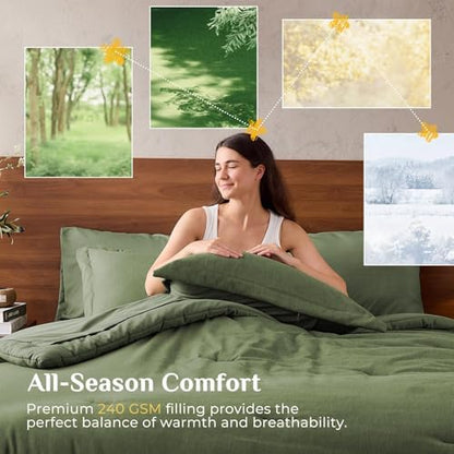 JOLLYVOGUE Queen Comforter Set 7 Pieces Dark Green, Cationic Dyeing Bed in a Bag Queen, Double-Tone Bedding Set with Down Alternative Comforter, Sheets, Pillowcases & Shams