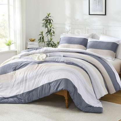 Litanika Blue Yellow Oversized King Comforter Set - 3 Pieces Stripe Bed Set