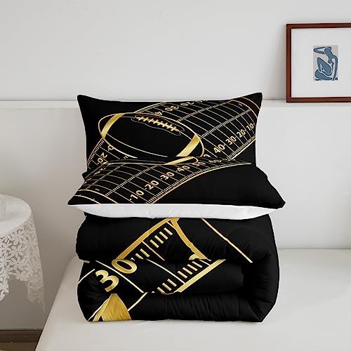 Castle Fairy American Football Comforter Set Queen Size Geometric Lines Football Field Bedding Set for Kids Boys Girls Teens Room Decor Ball Sport Games Quilt Set Fashion Gold Black Duvet Insert 3Pcs