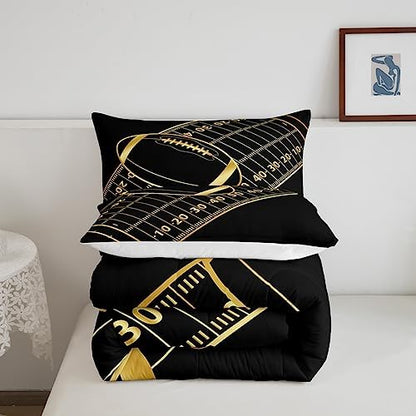 Castle Fairy American Football Comforter Set Queen Size Geometric Lines Football Field Bedding Set for Kids Boys Girls Teens Room Decor Ball Sport Games Quilt Set Fashion Gold Black Duvet Insert 3Pcs