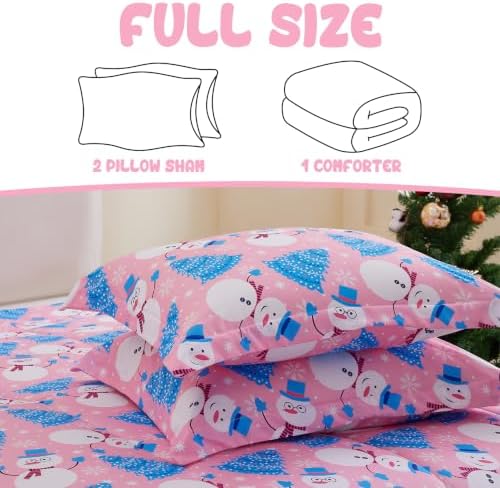 Yibeizi Pink Christmas Comforter Set Full Kids Cute Snowman Xmas Bedding