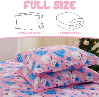Yibeizi Pink Christmas Comforter Set Full Kids Cute Snowman Xmas Bedding