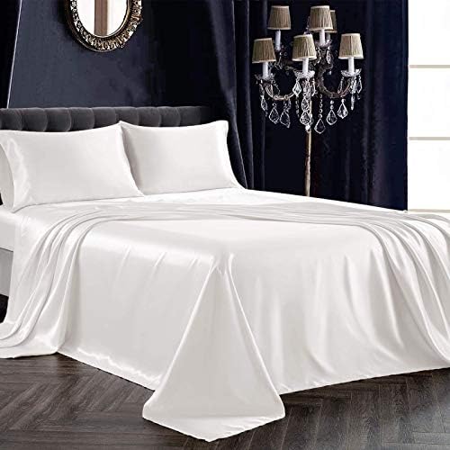 SiinvdaBZX 4Pcs Satin Sheet Set Queen Size 15-Inch Deep Pocket, Ivory White