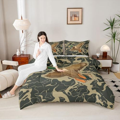 Feelyou Mallard Duck Bedding Set Soft for Boys Girls, Duck Hunting Comforter Set Toddler Size Camouflage Duvet Quilt Microfiber Wild Animal Bedroom Decor 2 Pcs with 1 Pillow Cases