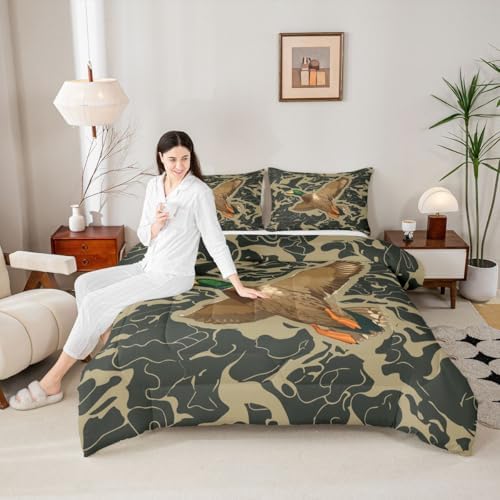 Feelyou Mallard Duck Bedding Set Soft for Boys Girls, Duck Hunting Comforter Set Queen Size Camouflage Duvet Quilt Microfiber Wild Animal Bedroom Decor 3 Pcs with 2 Pillow Cases