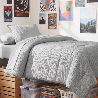 CozyLux Twin XL Comforter Set, 5 Pieces Light Grey Seersucker Bed in a Bag