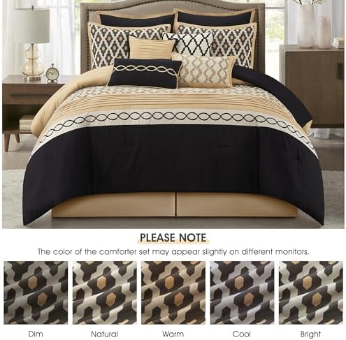 LANCO MODERN LIFESTYLE Oversized Comforter Set, Black Gold, 10 Piece Bed in a Bag for All Seasons, Luxury Extreme Comfort Bedding Sets with Bedskirt, Pillow Shams, Euro Shams and Decor Pillows