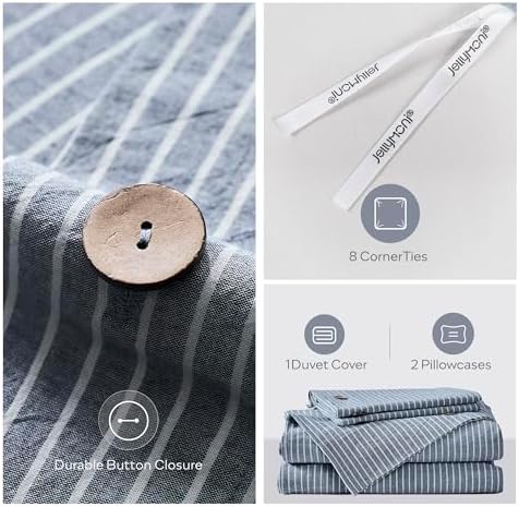 JELLYMONI Cotton Duvet Cover Queen Size - Blue Vertical Pinstriped Comforter Cover with Button 100% Washed Cotton 3PCS Breathable Soft Solid Bedding Set Duvet Cover 90×90in & 2 Pillowcases