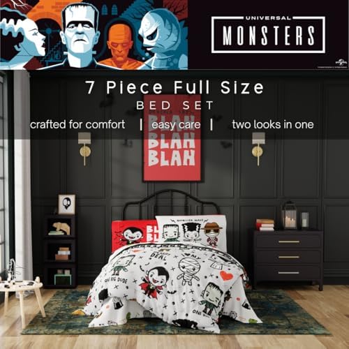 Universal Little Monsters Halloween Full Bed Set – Super Soft & Cozy 7 Piece Reversible Comforter and Sheet Set, (Officially Licensed Product) by Franco