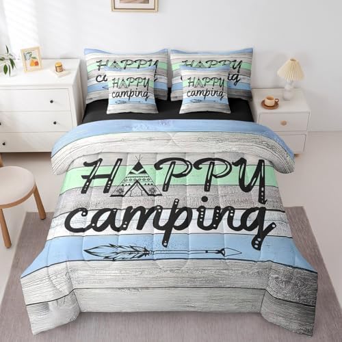 Erosebridal Happy Camping 7 Pcs Bedding Set for Kids,Rustic Farmhouse Style Comforter Set with Sheets,Camper Theme Bed in a Bag,Arrows Adventure Duvet Insert,Retro Old Barn Door Down Comforter,Full