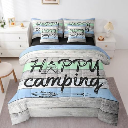 Erosebridal Happy Camping 7 Pcs Bedding Set for Kids,Rustic Farmhouse Style Comforter Set with Sheets,Camper Theme Bed in a Bag,Arrows Adventure Duvet Insert,Retro Old Barn Door Down Comforter,Full