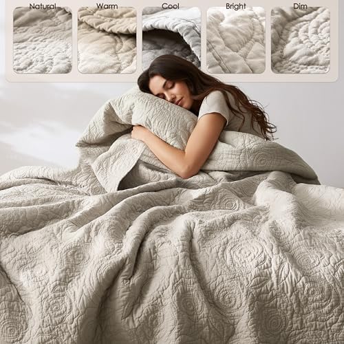 WDCOZY Beige 100% Cotton Quilt King Size Bedding Sets with 2 Pillow Shams, Floral Rosette Lightweight Bedspread Soft Farmhouse Patterned Coverlet Quilted Comforter Bed Cover for All Season, 3 Pieces