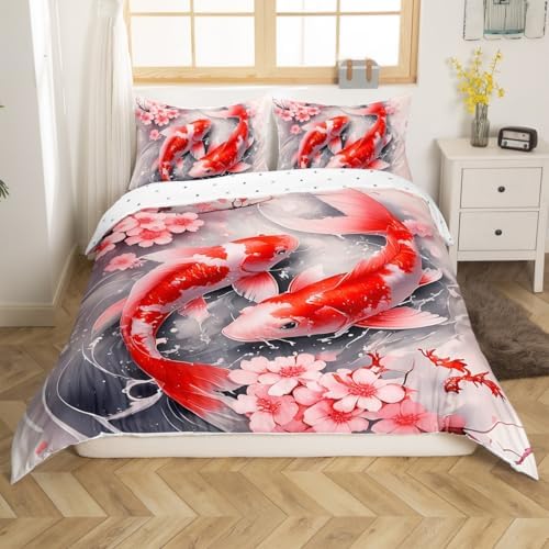 Feelyou Kids Japanese Koi Fish Duvet Cover Toddler Cherry Blossoms Bedding Set Boys Girls Japanese Style Comforter Cover Set Sakura Flower Floral Botanical Spring Bedspread Cover（No Comforter