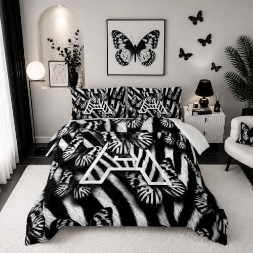 BSNTHO Butterfly Comforter Set Twin Size, Zebra Stripes Kids Comforter 3Pcs