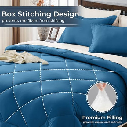 HEVUMYI 7-Piece Queen Comforter Set, Teal Blue & Ivory Bed in a Bag