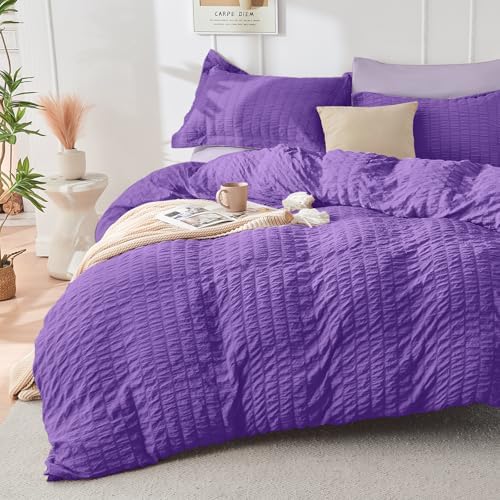 HYMOKEGE Dark Purple/Lavender Queen Comforter Set Seersucker 7 Pieces, All Season Luxury Bed in a Bag Queen for Bedroom, Bedding Set with Comforter, Sheets, Pillowcases & Shams
