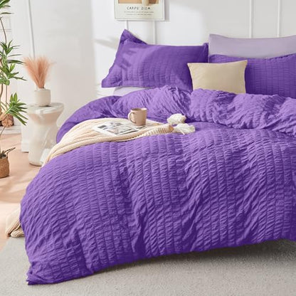HYMOKEGE Dark Purple/Lavender Queen Comforter Set Seersucker 7 Pieces, All Season Luxury Bed in a Bag Queen for Bedroom, Bedding Set with Comforter, Sheets, Pillowcases & Shams