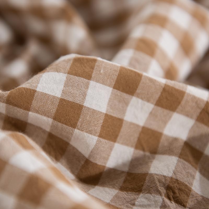 NEXHOME PRO Tan Gingham Duvet Cover Twin, 100% Washed Cotton Like Linen Feel Organic Natural Bedding Set 3 Piece Brown Vintage Plaid Checkered Comforter Cover Set (No Comforter) 6890