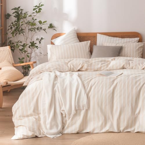 BESTOUCH Striped Cotton Duvet Cover Set Linen Feel Queen