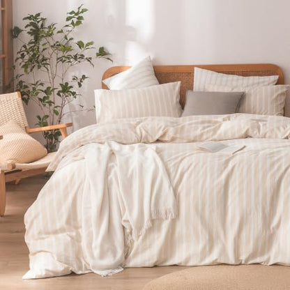 BESTOUCH Striped Cotton Duvet Cover Set Linen Feel Super King Plus