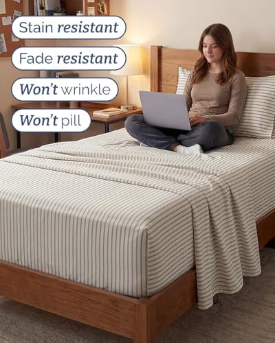 Extra Deep Twin XL Sheet Set - 3 Piece College Dorm Room - Beige Stripes