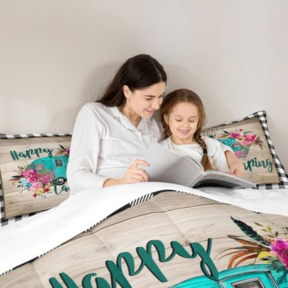 Manfei RV Happy Travelling Comforter Set Twin,Camper Adventure Car Bedding Set 2pcs for Kids Teens Adults Trailer Decor,Wooden Plaid Vintage Quilt Set,Farmhouse Duvet Insert with 1 Pillowcase