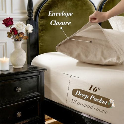 SONORO KATE 100% French Linen Queen Size Sheets Set,Natural Flax Bedding
