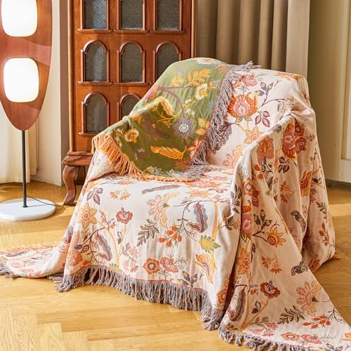 VANJOROY Boho Throw Blanket for Bed Couch 50" x 60", 100% Organic Cotton Skin-Friendly Ultra Soft Quilt Throw - Floral Rustic Living Room Decor Luxury Reversible Blanket for Sofa Chair and Gift