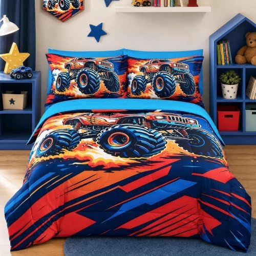 Viviland Kids Bedding Set Full Size Comforter Sets, Bed in Red Monster Truck Cover Set for Children