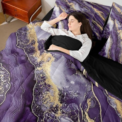 Erosebridal Watercolor Marble Print Comforter Set King Size,Purple Gradient Bedding Set for Kids Teens,Abstract Art (Comforter+Fitted+Flat Sheet+2 Pillowcases+2 Throw Pillow Covers) 7 Pieces Bed Set
