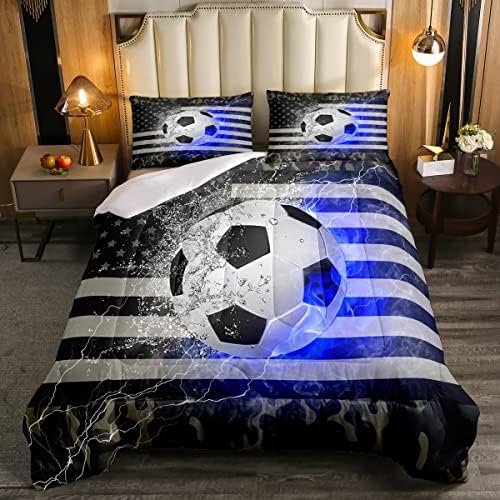Erosebridal American Flag Comforter Set Queen Size, Camouflage Down Comforter Teens Football Games Bedding Set USA Federations Stars Quilted Duvet for Kids Boys Adult Bedroom Decor, Grey White