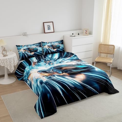 Erosebridal Toddler Boys Race Car Bedding Set Queen Size,Extreme Sports Gaming Themed Comforter with Aqua Teal Gradient Stripes & Black,Cool Speed Carro Racing Car Kids Room Decor Quilt for Kids Teen