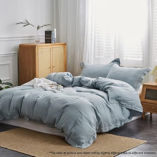 Simple&Opulence 100% Linen Duvet Cover Set with Embroidery Border Washed - 2 Pieces (1 Duvet Cover & 1 Pillow Sham) with Button Closure Soft Breathable Farmhouse - Dusty Blue, Twin Size