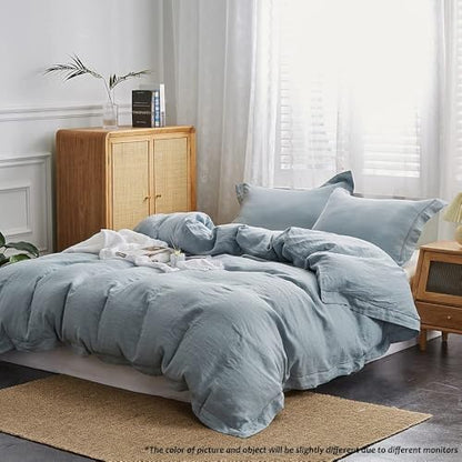 Simple&Opulence 100% Linen Duvet Cover Set with Embroidery Border Washed - 2 Pieces (1 Duvet Cover & 1 Pillow Sham) with Button Closure Soft Breathable Farmhouse - Dusty Blue, Twin Size