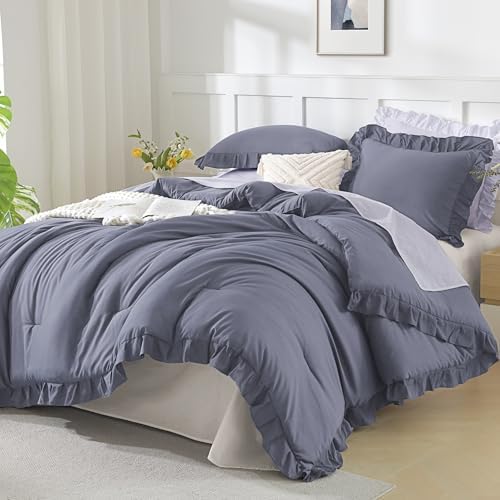 Andency Dark Blue Comforter Set Full Size, 3 Pcs Solid Ruffle Bedding